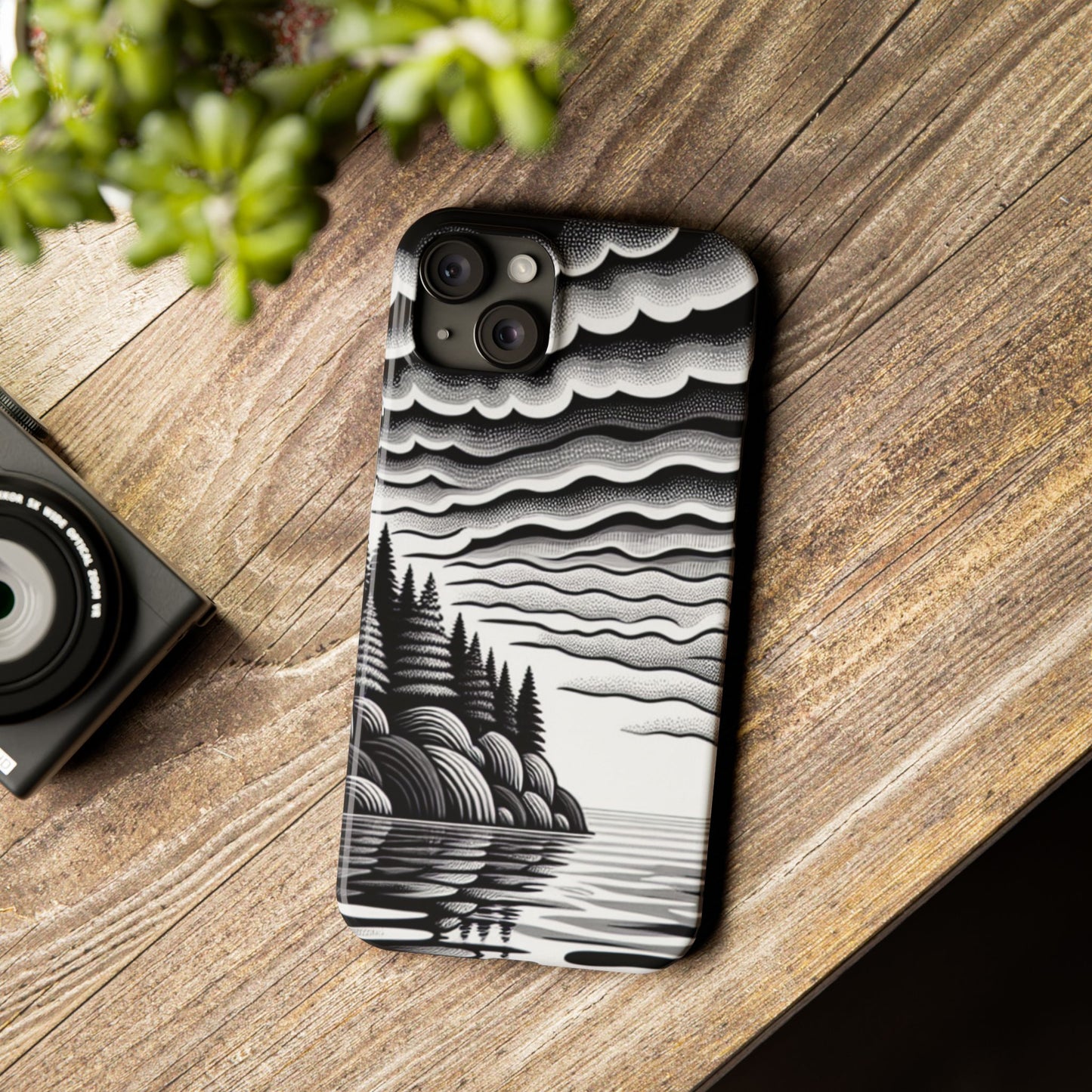 Artistic Black and White Slim Phone Case - Nature Landscape Design