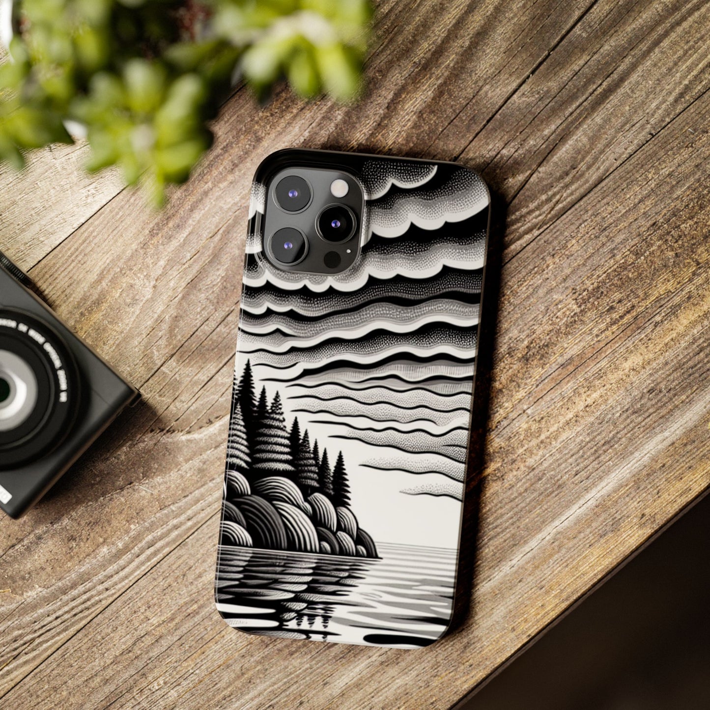 Artistic Black and White Slim Phone Case - Nature Landscape Design