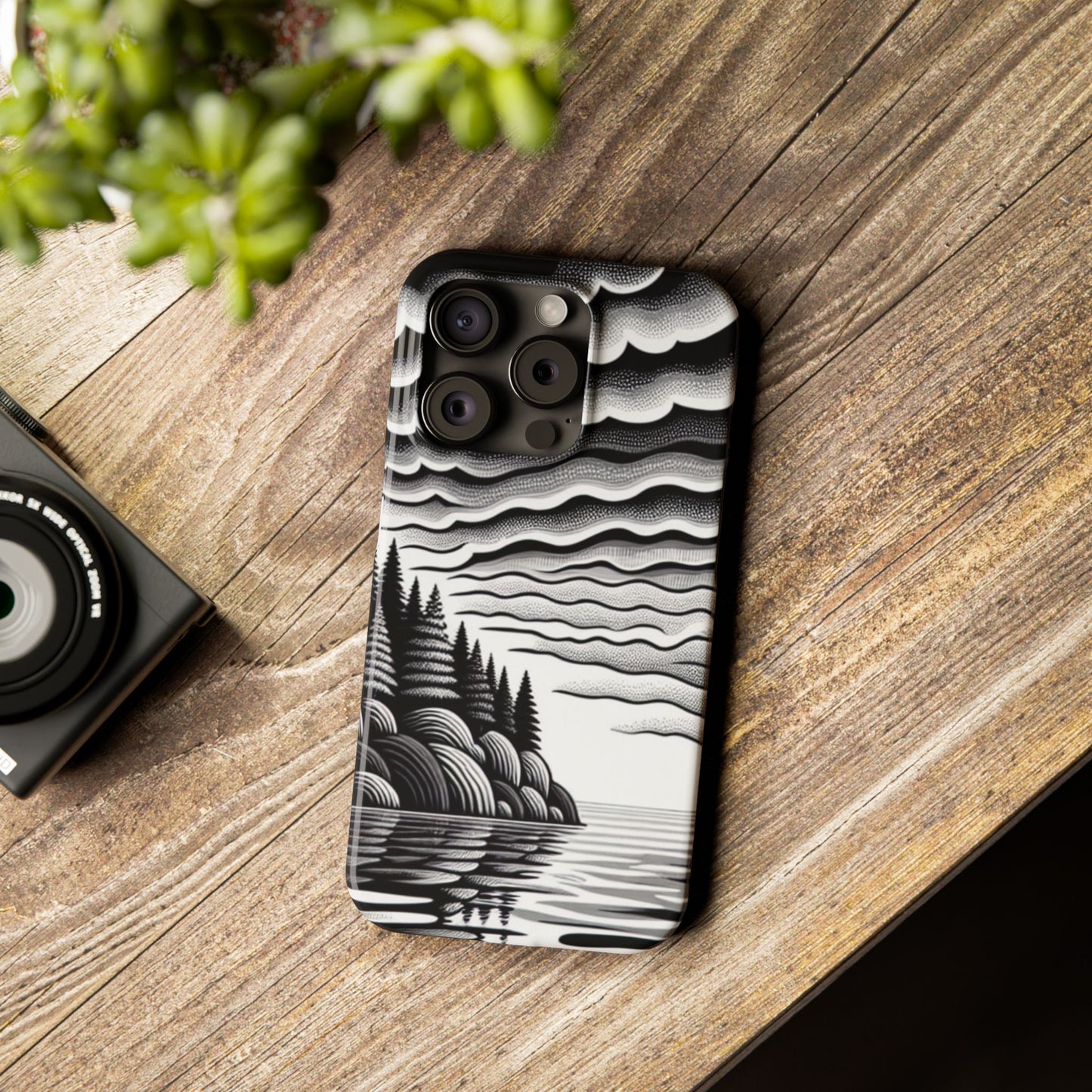 Artistic Black and White Slim Phone Case - Nature Landscape Design