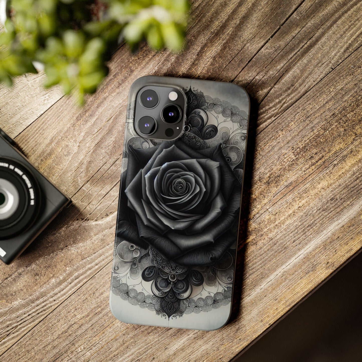 Elegant Black Rose Slim Phone Case for Stylish Protection