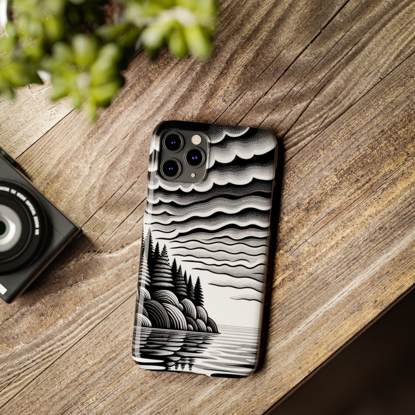 Artistic Black and White Slim Phone Case - Nature Landscape Design