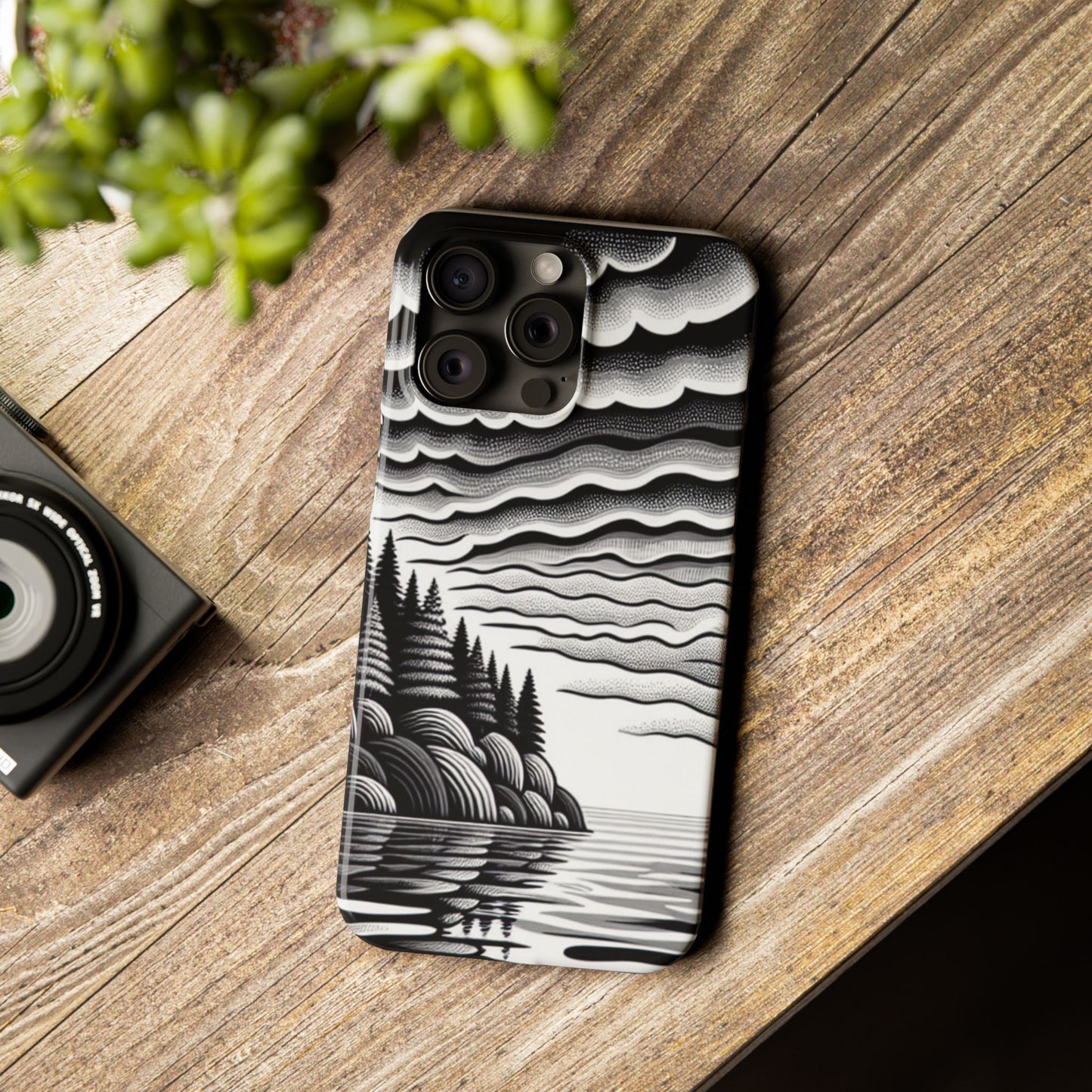 Artistic Black and White Slim Phone Case - Nature Landscape Design