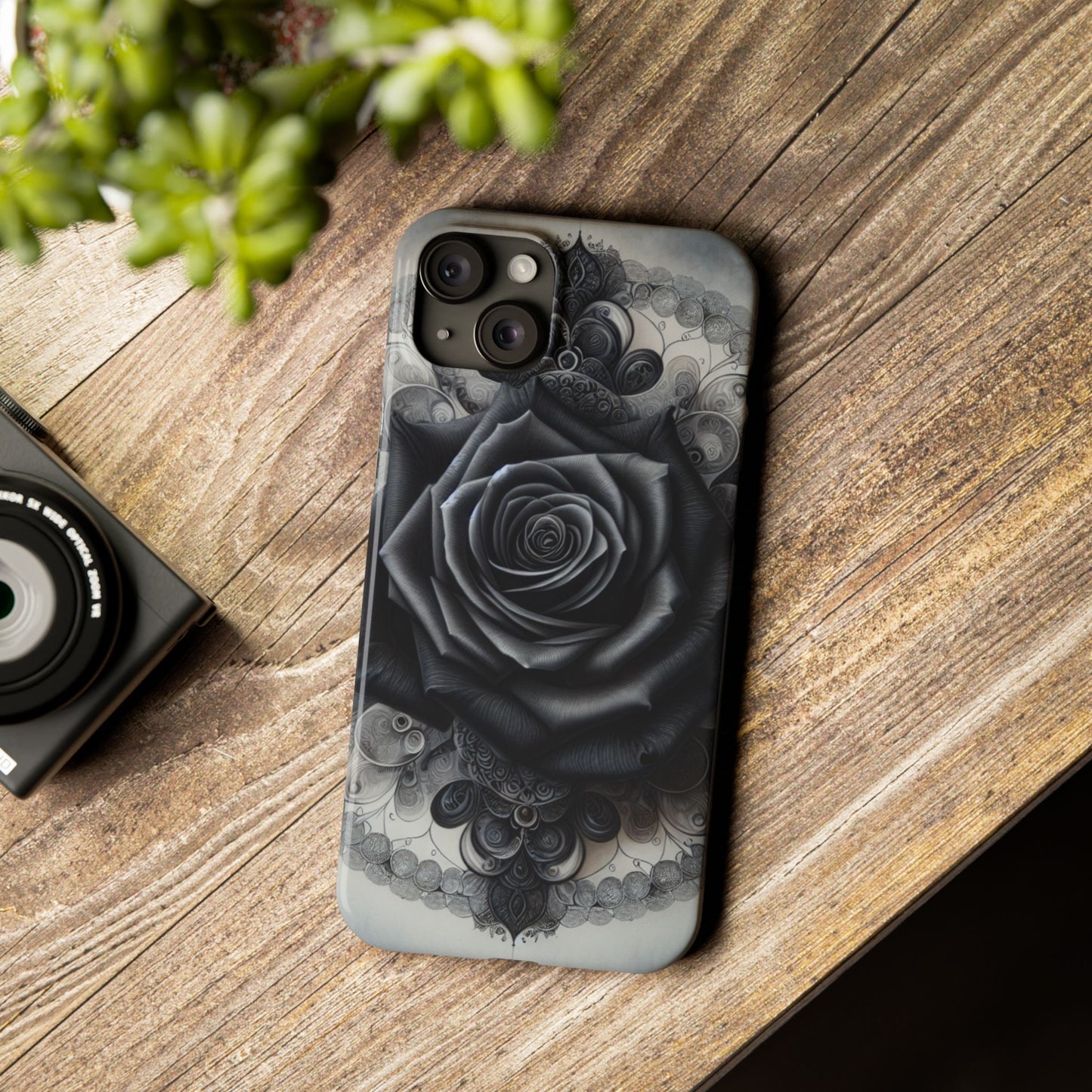 Elegant Black Rose Slim Phone Case for Stylish Protection