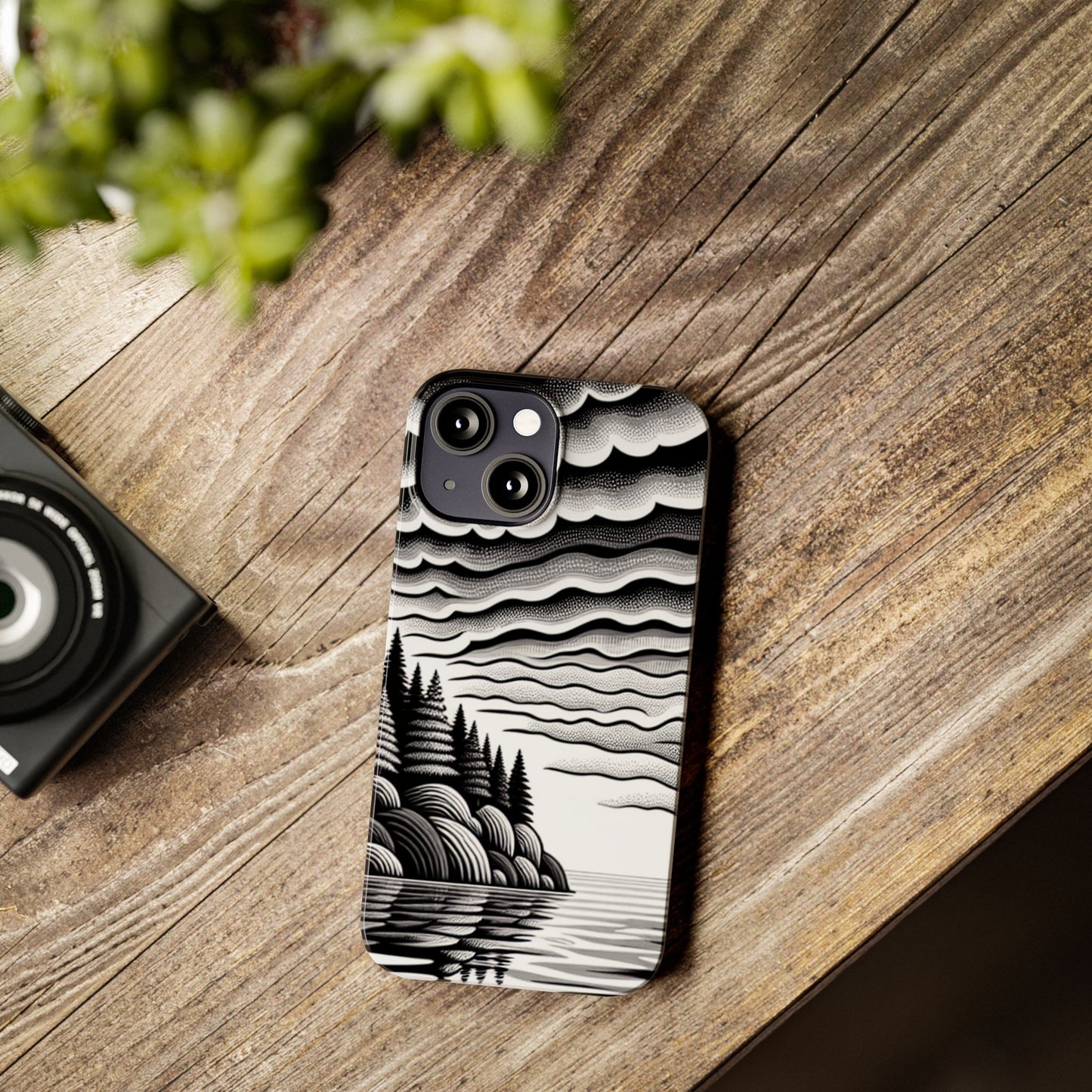 Artistic Black and White Slim Phone Case - Nature Landscape Design