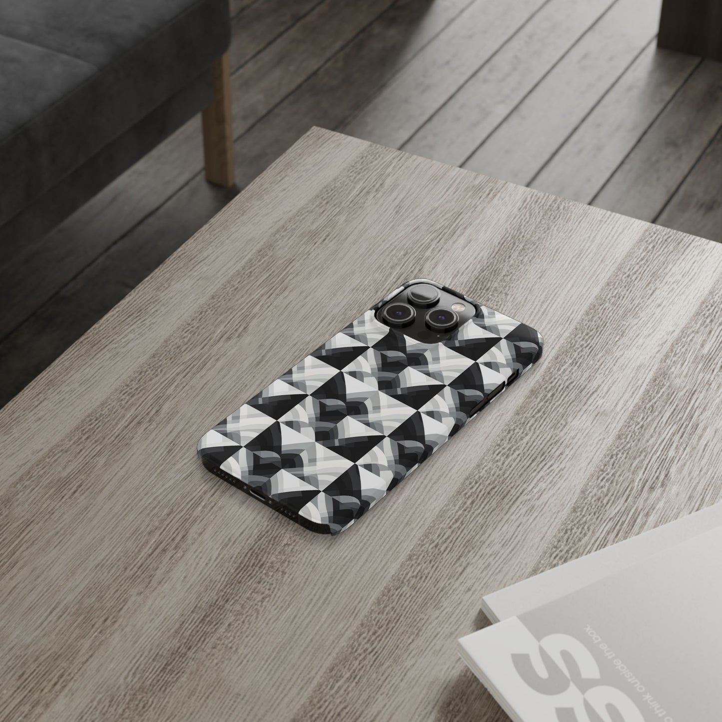 Stylish Black and Gray Slim Phone Case - Geometric Pattern for Modern Aesthetics